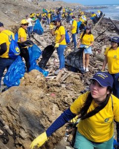 Voluntarios en el mar recogiendo basura